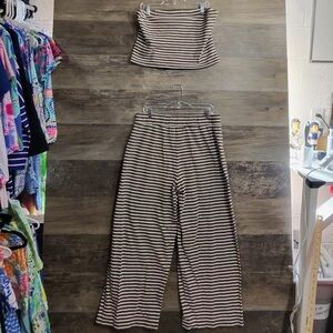 Free est Made in India Elegant Striped Brown White Women's Wide Leg Pants & Top